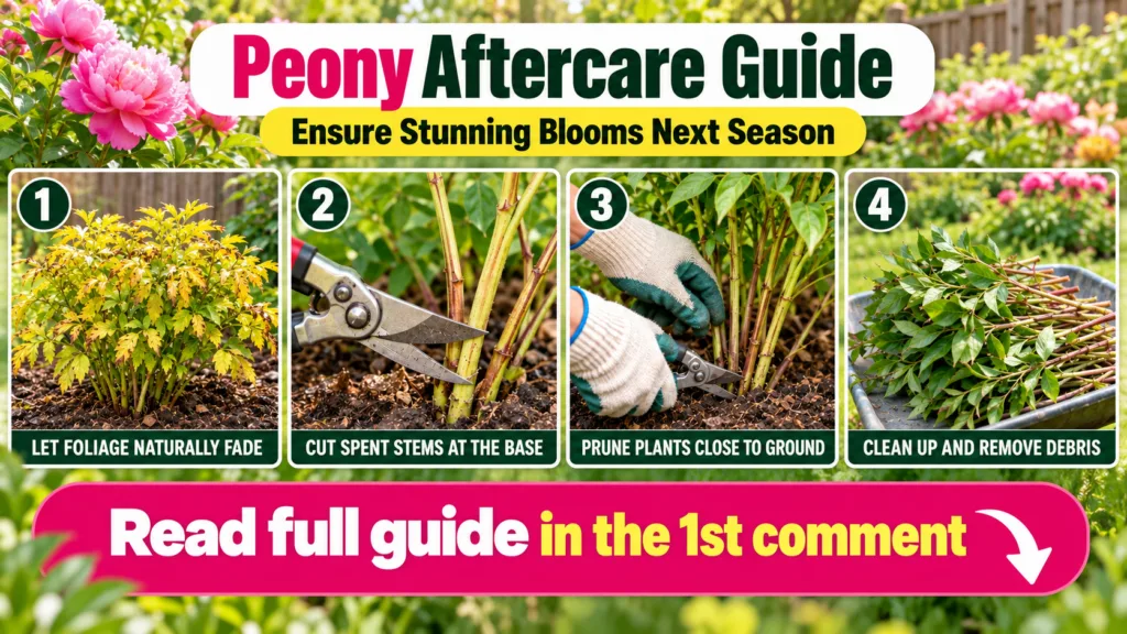A four-panel infographic showing peony aftercare steps including yellowing foliage pruning stems with shears pruning clo