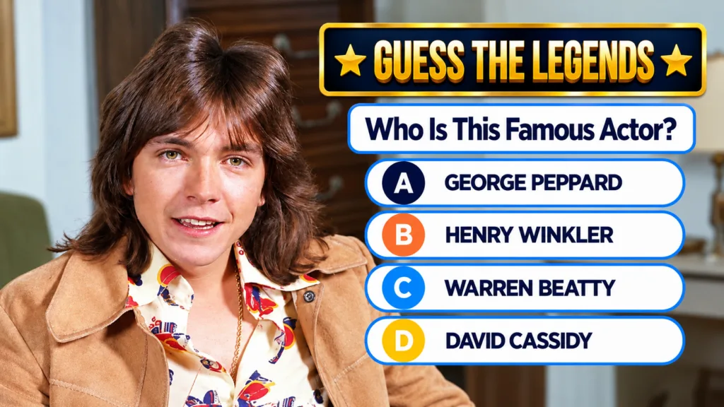 A mobile quiz game interface featuring a portrait of a young man with long brown hair and green eyes wearing a patterned