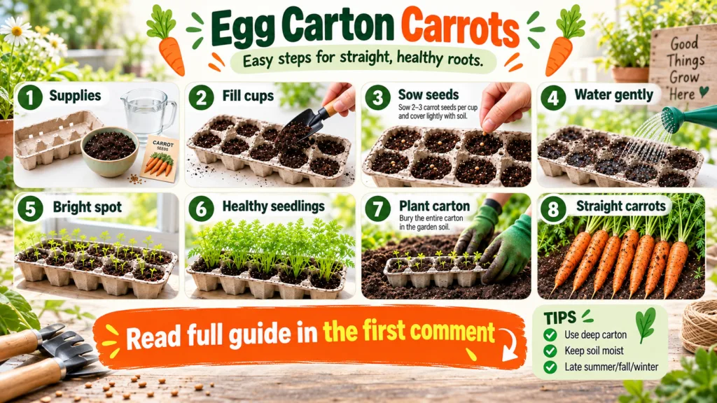 An infographic showing 8 steps to grow carrots using egg cartons from sowing seeds to harvesting straight carrots