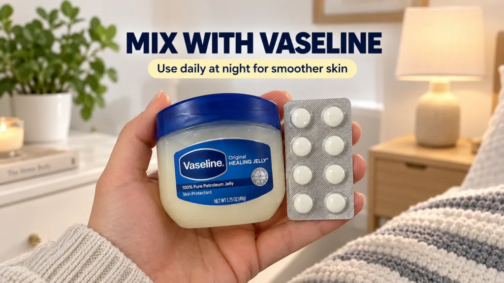 A hand holding a small jar of Vaseline petroleum jelly and a blister pack of white oval Vitamin E capsules The backgroun