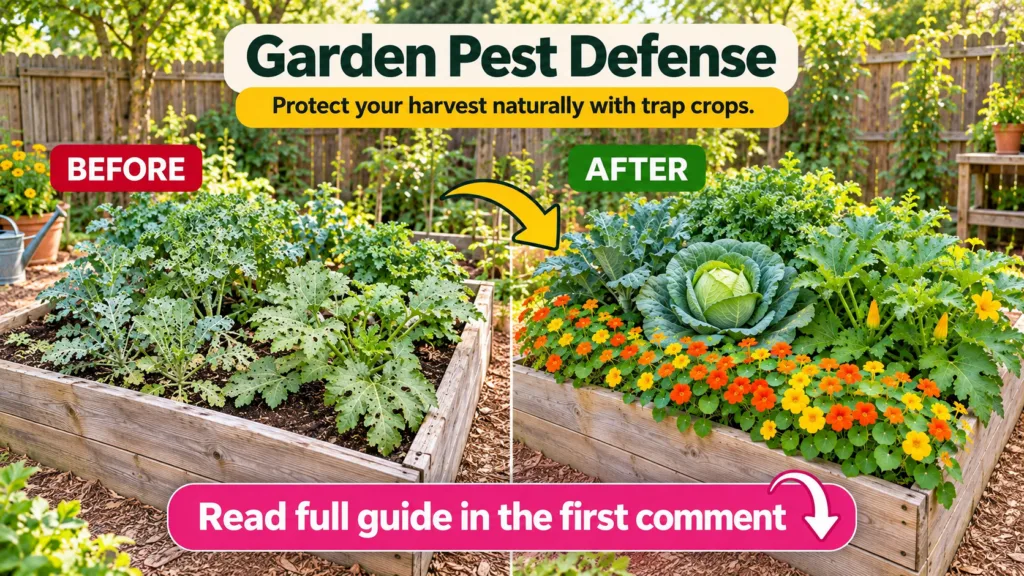 A Before and After comparison showing a raised garden bed The Before section shows pest-damaged kale and squash The Afte