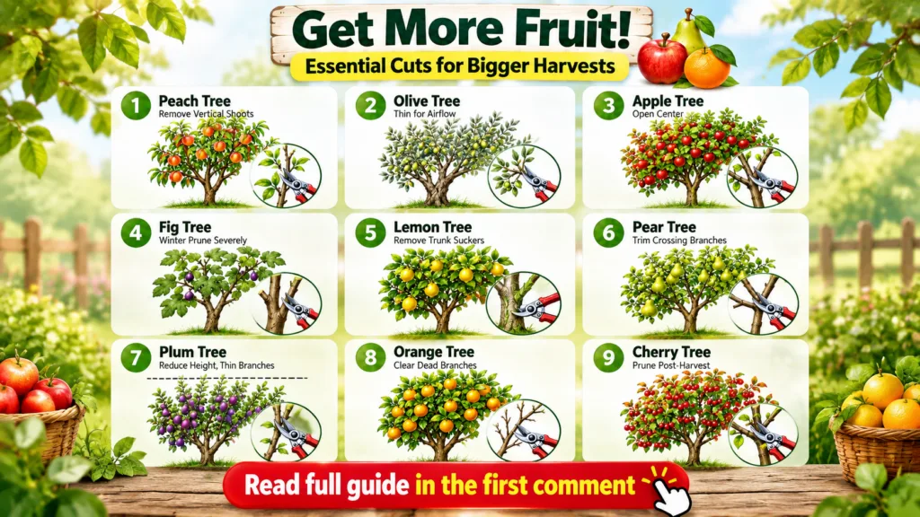 An infographic titled Get More Fruit Essential Cuts for Bigger Harvests featuring nine fruit trees Peach Olive Apple Fig