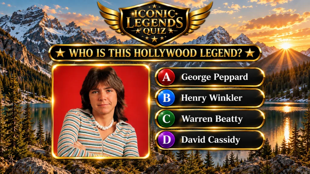 A quiz game interface overlaid on a serene natural landscape featuring a portrait of David Cassidy framed by a golden bo
