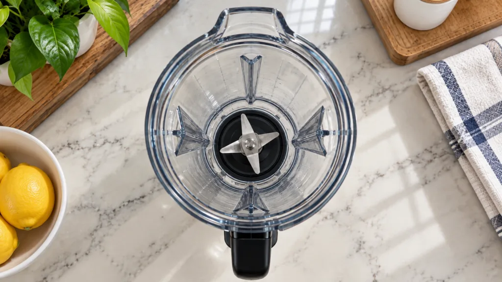 A clean clear blender pitcher from an overhead view ready for ingredients