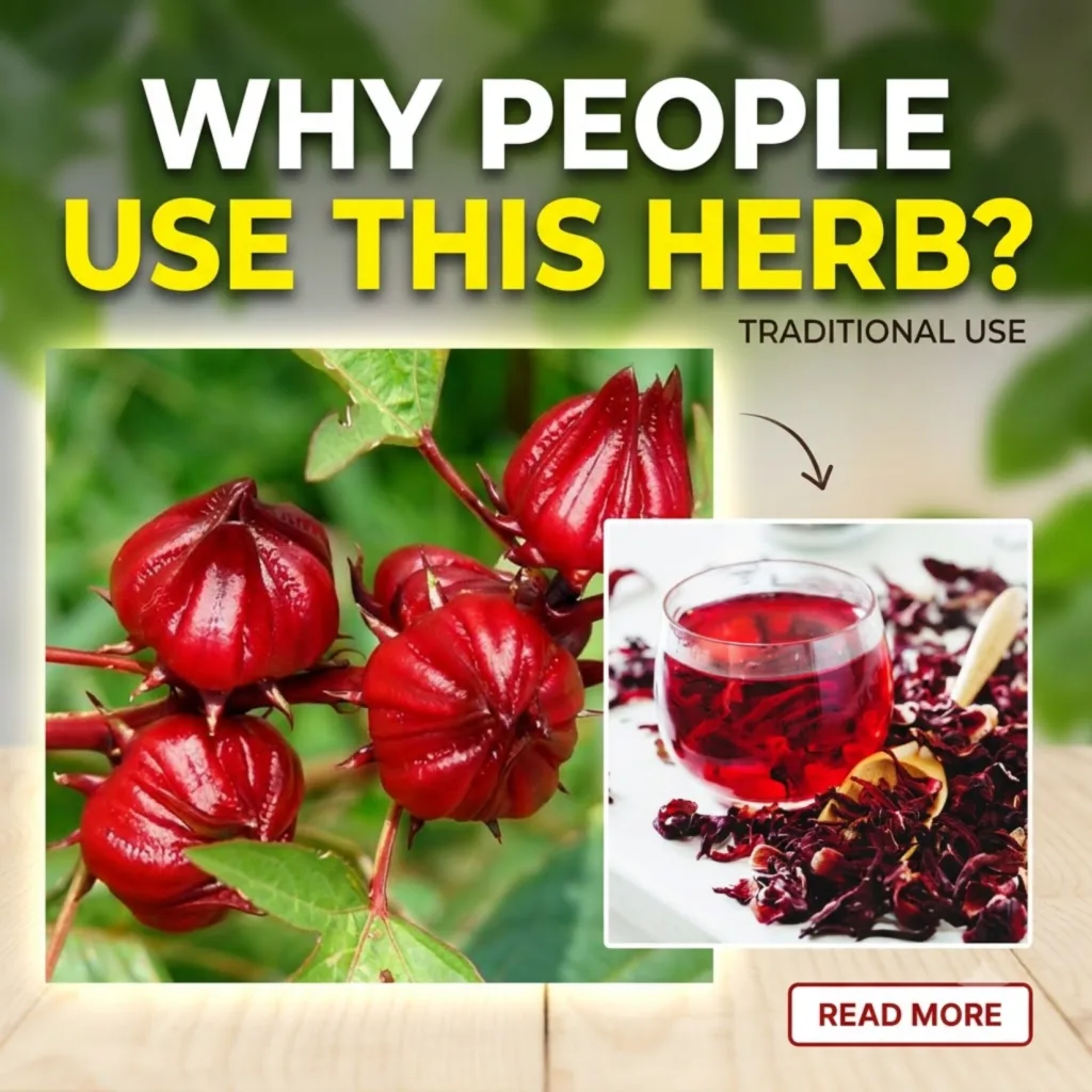 A collage image featuring vibrant red hibiscus calyces on the left and a glass of red hibiscus tea with dried petals on 
