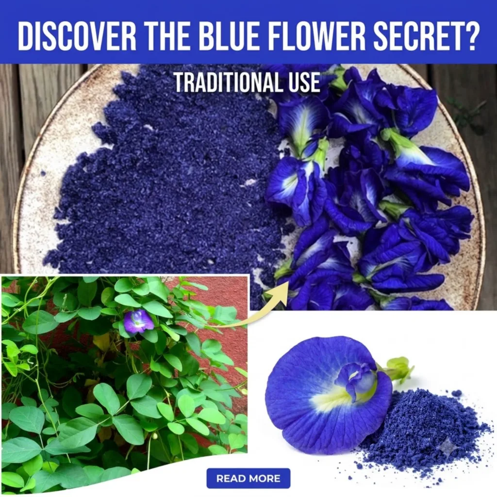 A multi-panel infographic showcasing fresh butterfly pea flowers on a rustic plate alongside blue butterfly pea powder t