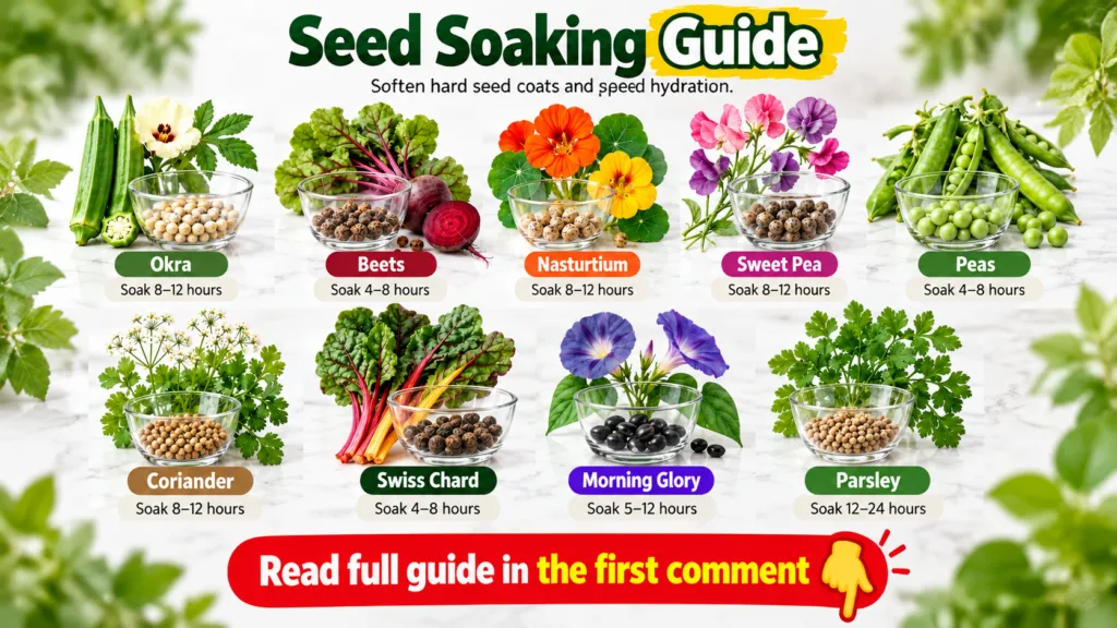 A grid showing various plant seeds Okra Beets Nasturtium Sweet Pea Peas Coriander Swiss Chard Morning Glory Parsley in s