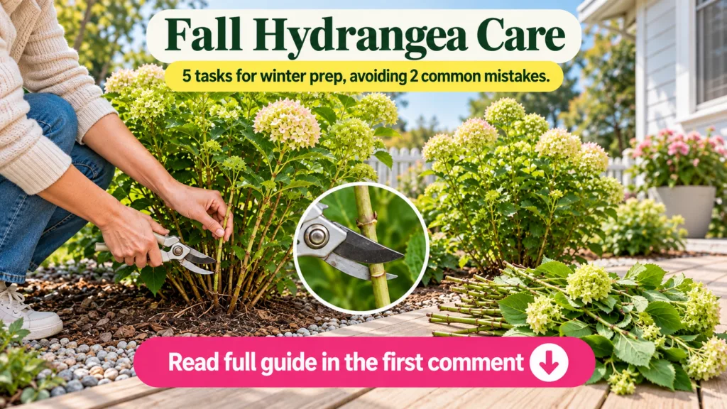 A composite educational graphic showing a person s hands pruning a hydrangea a wide view of a hydrangea bush pruned stem