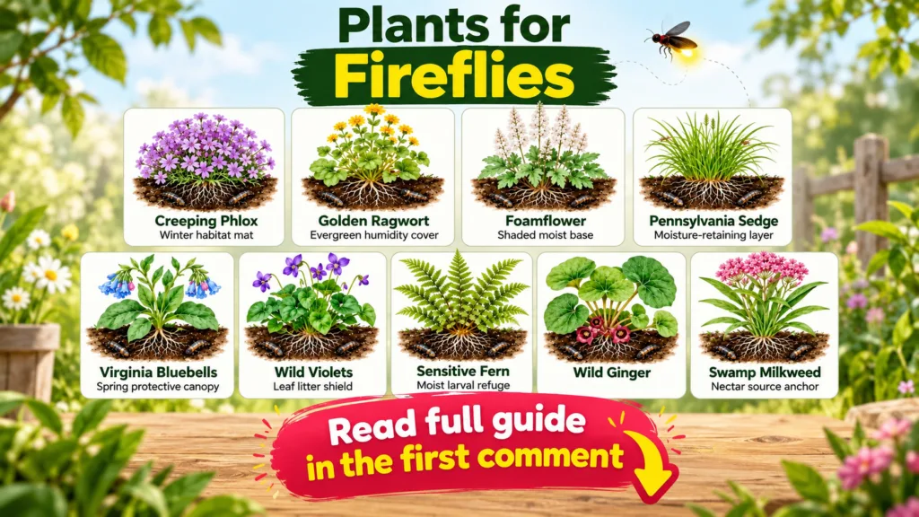 A visual guide displaying nine different plants beneficial for fireflies with roots and firefly larvae shown under a tit