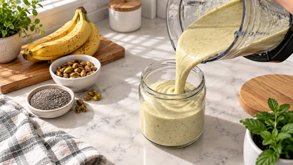 A light green pistachio banana smoothie being poured into a clear glass jar with fresh bananas pistachios and chia seeds