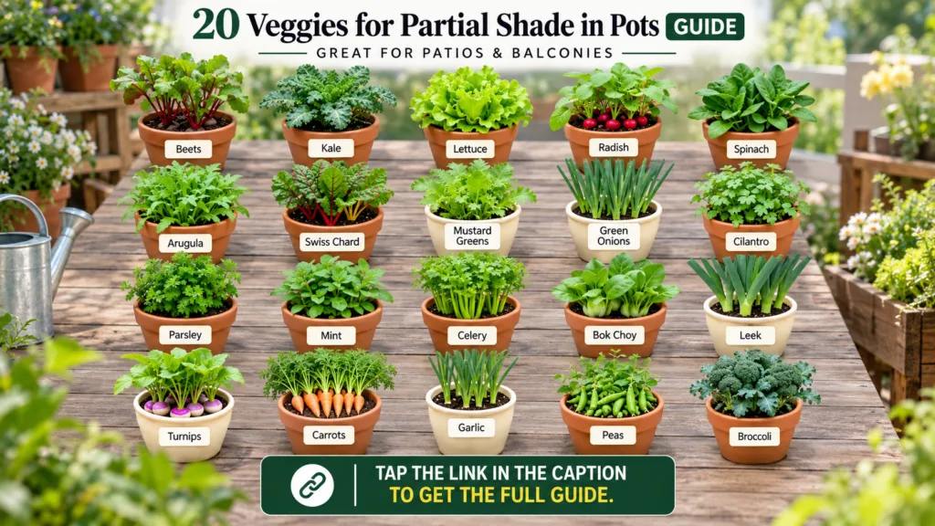 A grid of 20 different healthy vegetables growing in terracotta pots each labeled with its name The plants show vibrant 