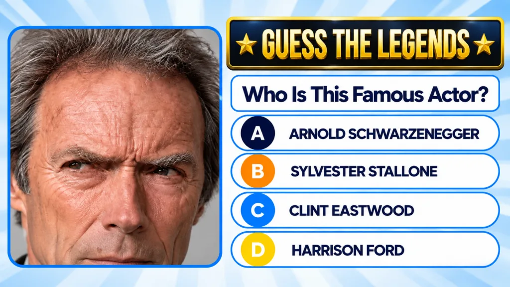 A close-up of a stern-faced Clint Eastwood with his characteristic squint and a slightly furrowed brow evoking his Man w