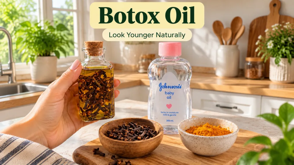 A hand holding a small bottle of freshly made clove-infused oil with a bottle of Johnson s baby oil a wooden bowl of dri