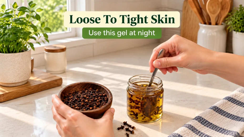 Close-up of hands preparing homemade clove beauty oil one hand holding a bowl of dried cloves the other stirring cloves 