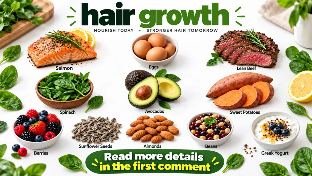 An infographic displaying various healthy food items arranged in a grid format designed to promote hair growth Key subje