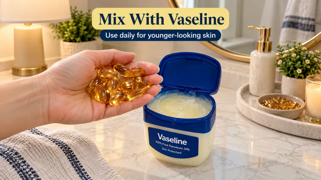 A hand holding golden Vitamin E gel capsules over an open tub of Vaseline petroleum jelly in a bathroom setting