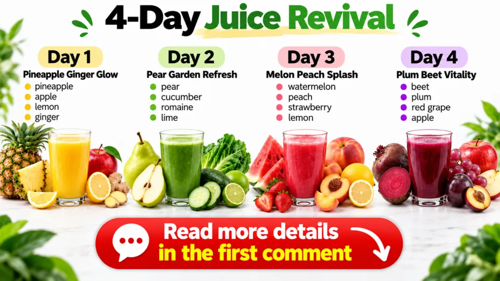 A 4-Day Juice Revival infographic divided into four horizontal sections one for each day Each section features a glass o