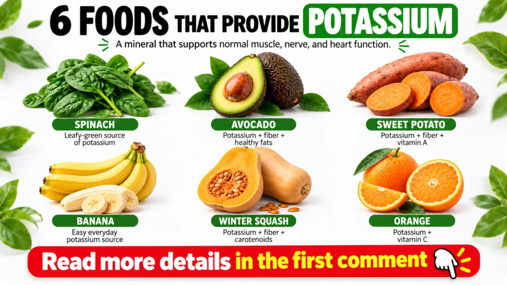 Infographic titled 6 FOODS THAT PROVIDE POTASSIUM showing spinach avocado sweet potato banana winter squash and orange e