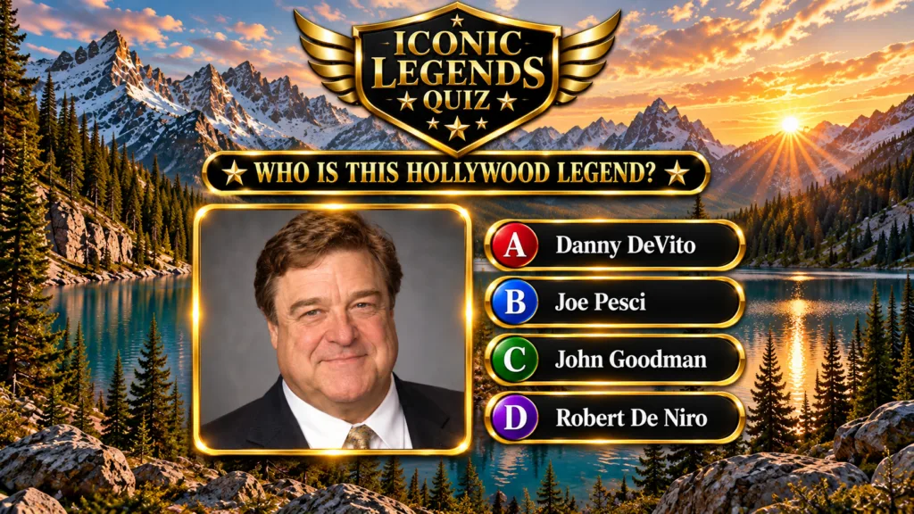 A quiz screen featuring a portrait of actor John Goodman in a gold frame set against a sunset mountain lake background w