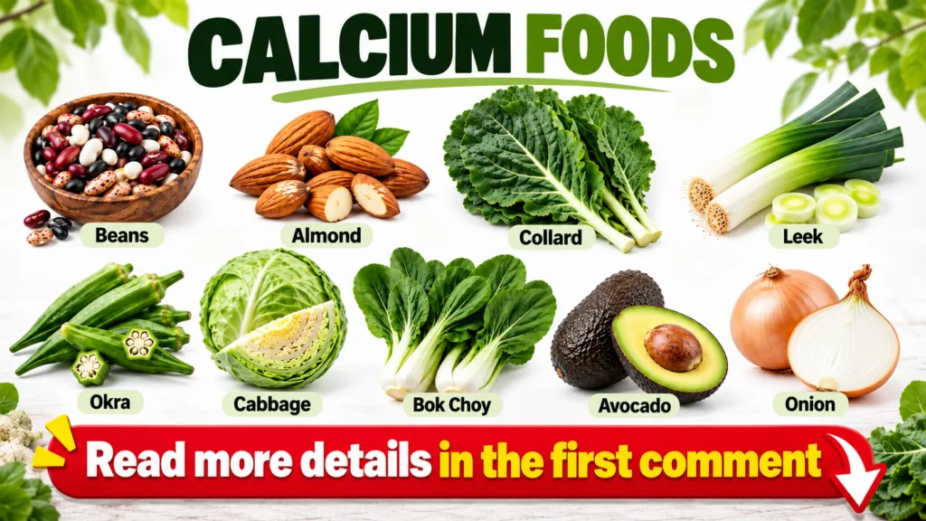 A clear well-lit grid of nine different calcium-rich food items on a white background including beans almonds collard gr