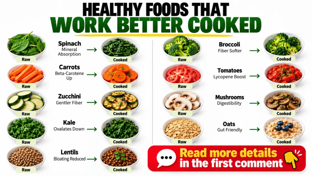 An infographic showing nine foods in raw and cooked forms with their enhanced benefits Foods include spinach broccoli ca