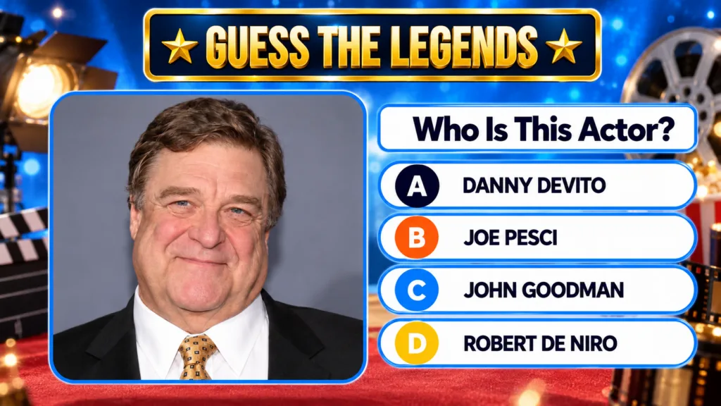 Quiz interface featuring a smiling John Goodman with Guess The Legends banner and multiple-choice options