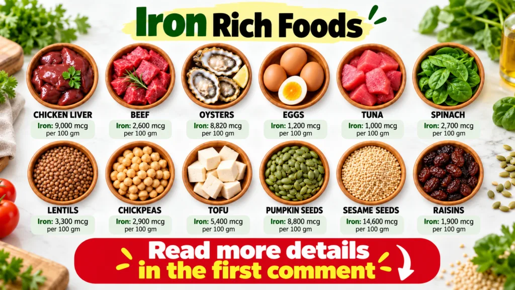 A clear 4x3 grid of twelve different iron-rich foods each in a wooden bowl with its name and iron content Foods include 