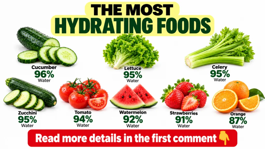An infographic showing various hydrating foods like watermelon cucumber and oranges with their water percentages