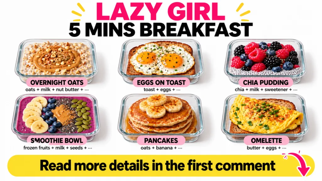 A grid arrangement of six different quick breakfast dishes in clear glass containers including overnight oats a Greek yo