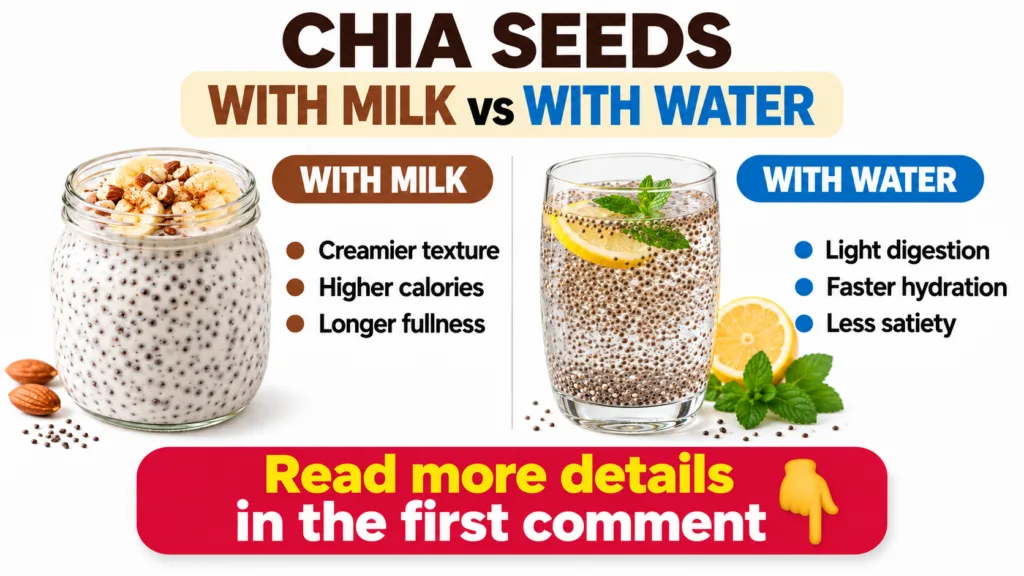 A side-by-side comparison of chia seeds prepared with milk and with water functioning as an infographic On the left a ja