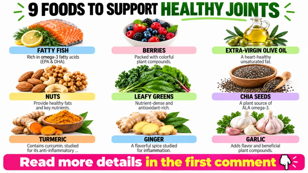 A clean grid layout featuring nine distinct food items known to support healthy joints salmon berries olive oil nuts lea