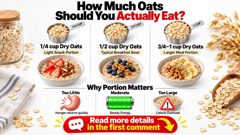 Detailed infographic illustrating appropriate oat portion sizes and their impact on health showing dry oat measurements