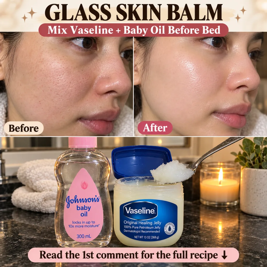 A social media collage demonstrating a glass skin balm recipe showing Before and After comparison of a woman s face a ba