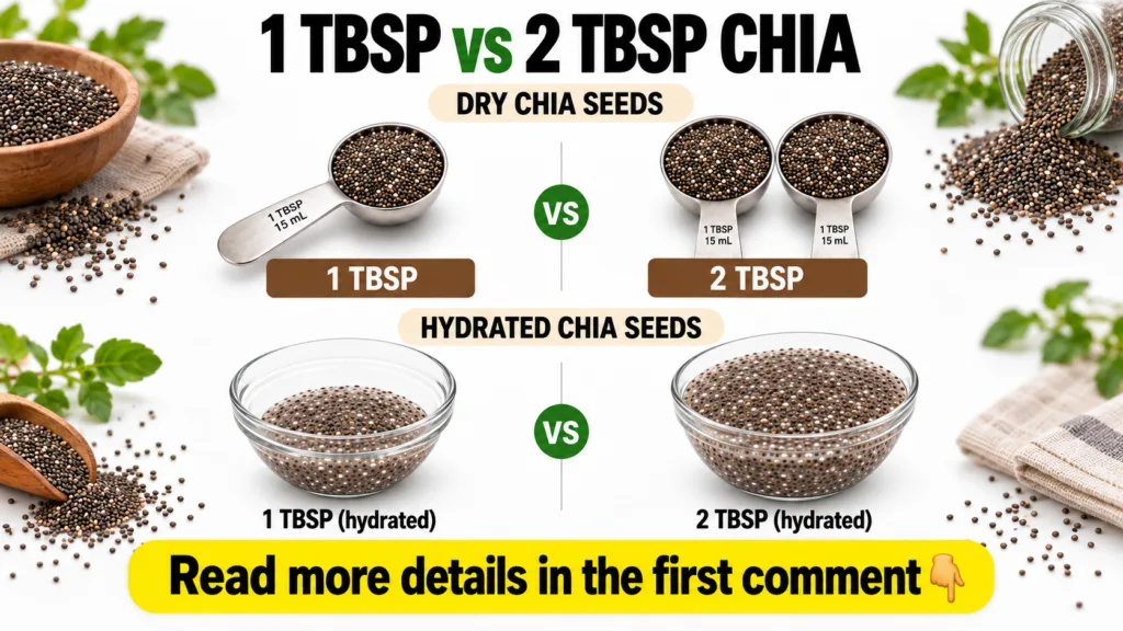 A side-by-side comparison of dry chia seeds in measuring spoons and hydrated chia seeds in glass bowls clearly showing t