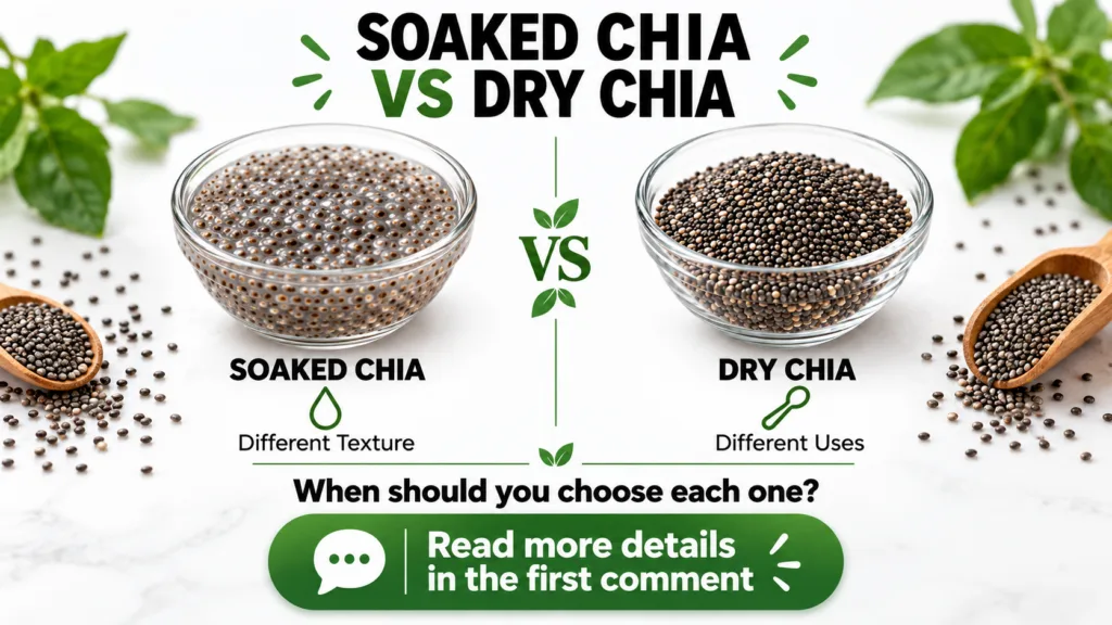 A side-by-side comparison of soaked chia seeds in a glass bowl on the left and dry chia seeds in a matching glass bowl o