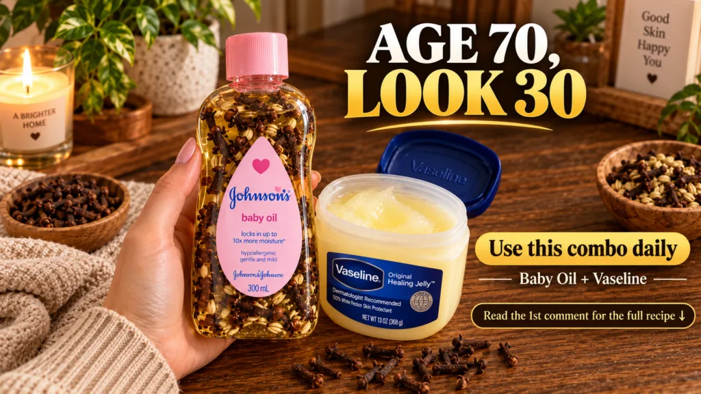 A hand holding a bottle of Johnson s baby oil infused with cloves alongside a jar of Vaseline Original Healing Jelly on