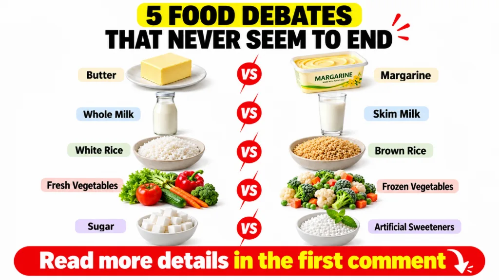 An infographic titled 5 Food Debates That Never Seem To End showcasing five pairs of common food items butter vs margari