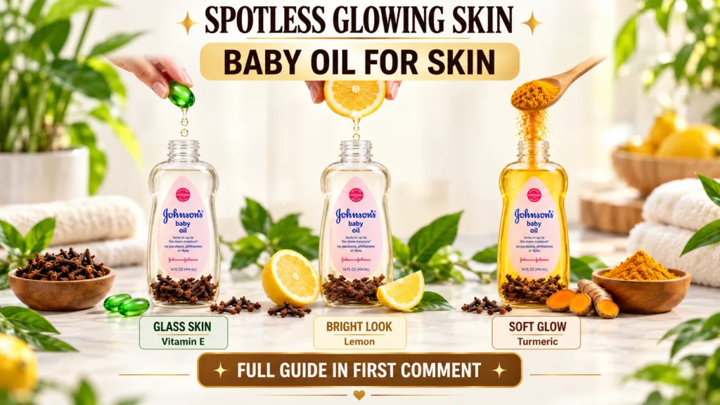 Three variations of Johnson s Baby Oil each with ingredients Vitamin E green capsule cloves Lemon lemon slices cloves an