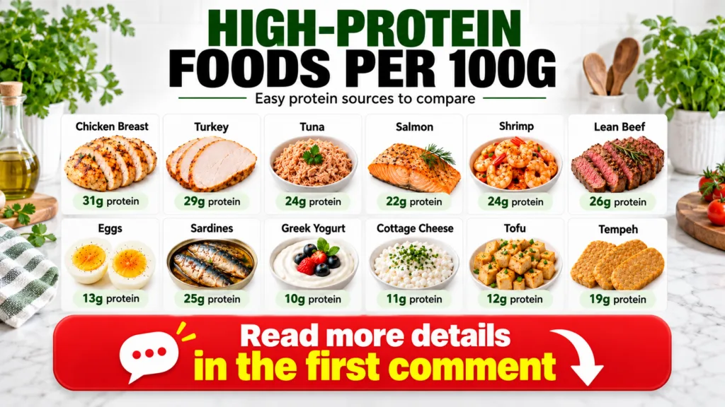 Infographic showing 12 high-protein food items in a grid layout each with its protein content per 100g Examples include 