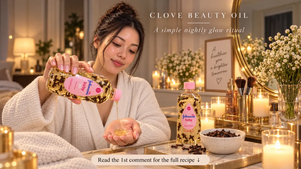 A young woman pouring golden clove-infused oil from a bottle into her cupped hand looking down with a gentle smile in a 