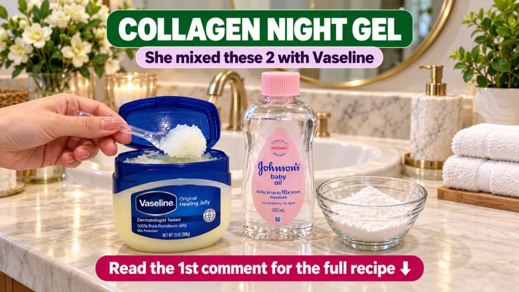 A close-up of a hand scooping Vaseline from a jar on a marble bathroom countertop alongside a bottle of baby oil and a s