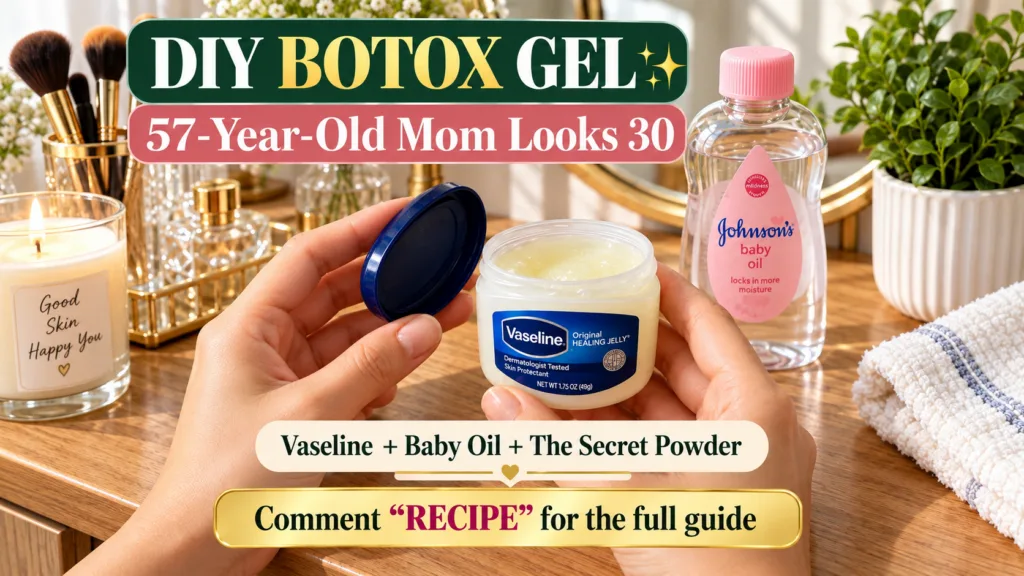 Close-up of hands holding an open jar of Vaseline with Johnson s Baby Oil a plant and other vanity items blurred in the 