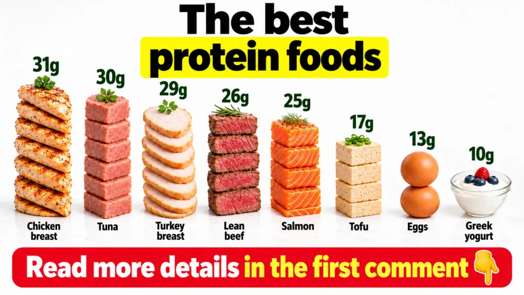 An infographic titled The best protein foods displaying various high-protein food sources like chicken breast tuna turke