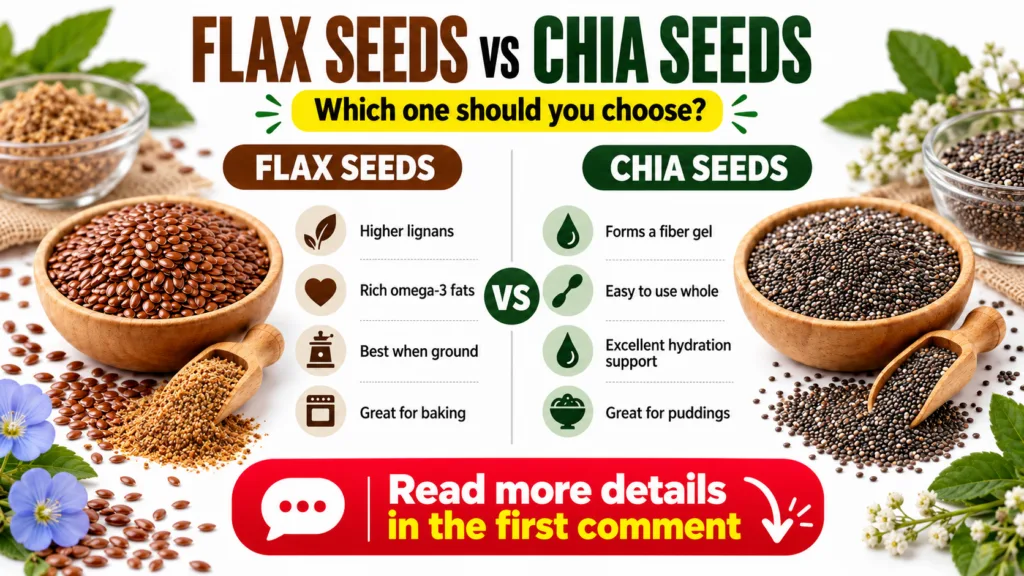 An infographic comparing flax seeds and chia seeds with two wooden bowls of seeds scoops and detailed columns of benefit
