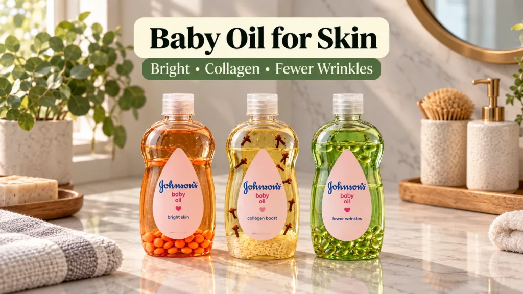 Three customized Johnson s baby oil bottles on a marble surface each with different ingredients like orange peel rice an