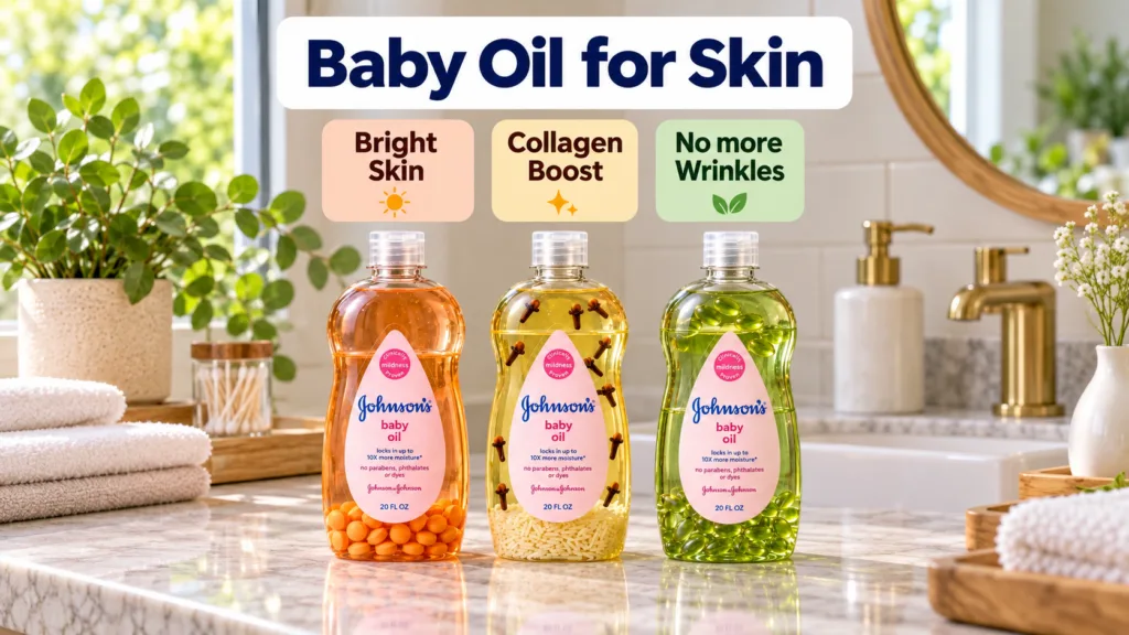 Three bottles of Johnson s Baby Oil with natural infusions beads cloves green capsules on a marble surface in a bright b