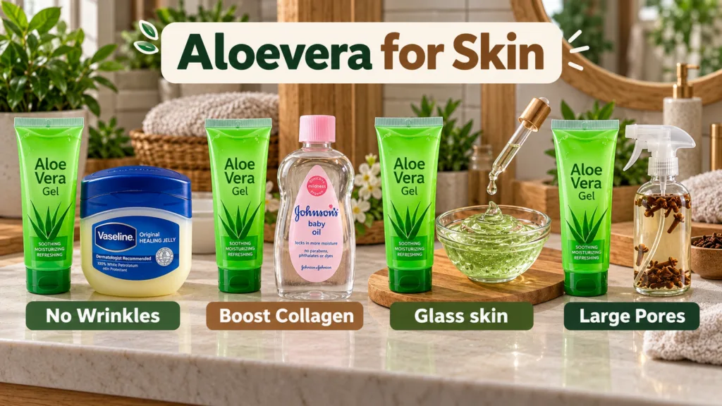 A grid showcasing four different applications of aloe vera gel on skin each with text labels highlighting benefits like 
