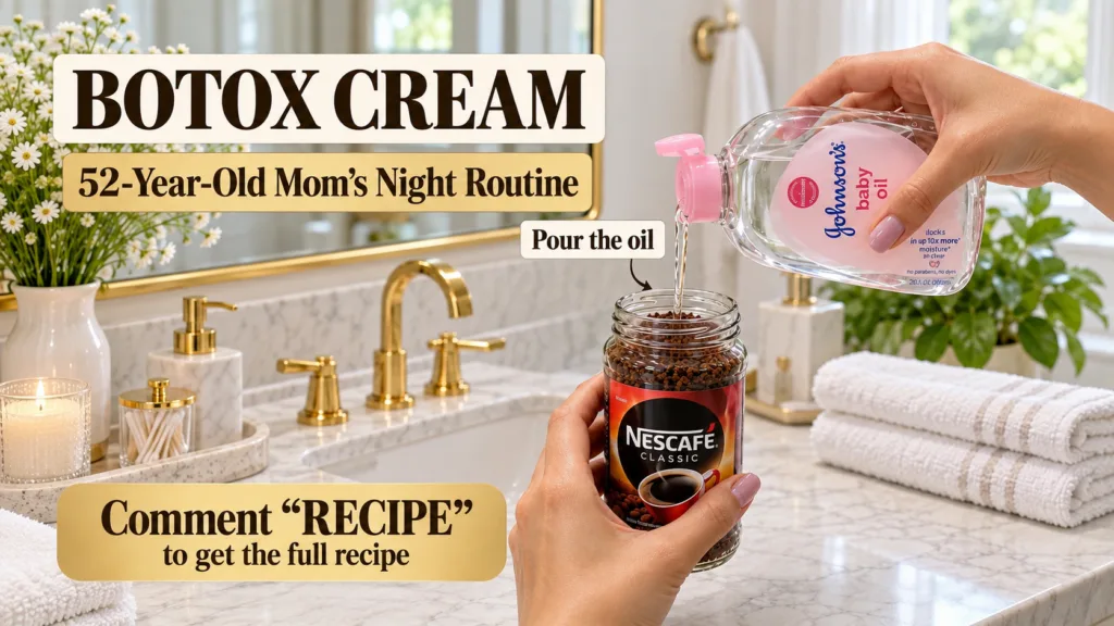 A close-up of hands pouring Johnson s baby oil into a jar of Nescafe Classic coffee granules on a luxurious marble bathr