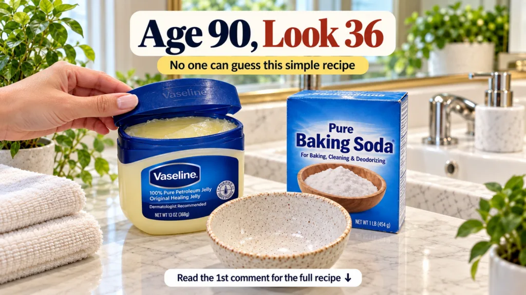 A hand opening a jar of Vaseline Petroleum Jelly on a bright marble countertop A box of Pure Baking Soda is next to it w