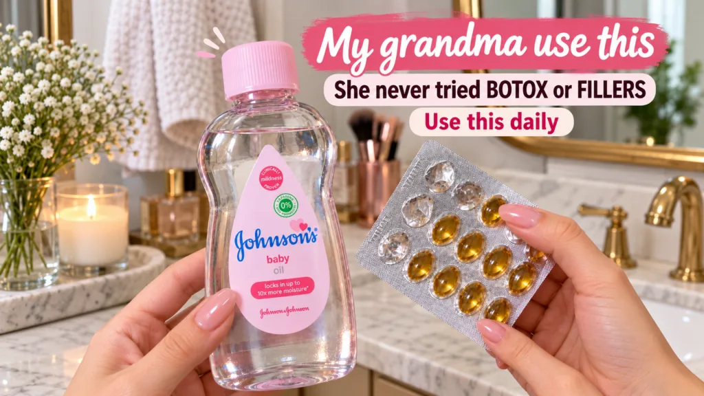 A hand holding a clear bottle of Johnson s baby oil and a blister pack of amber vitamin E softgel capsules set against a